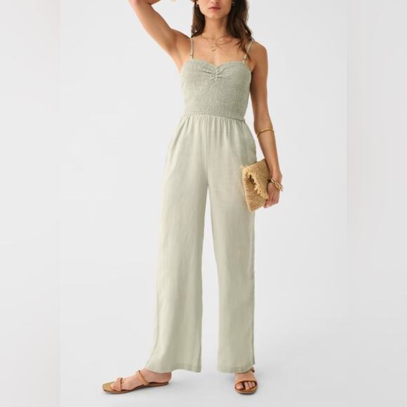Faherty Mandy Smocked Linen Jumpsuit in Sage XL - Picture 4 of 7